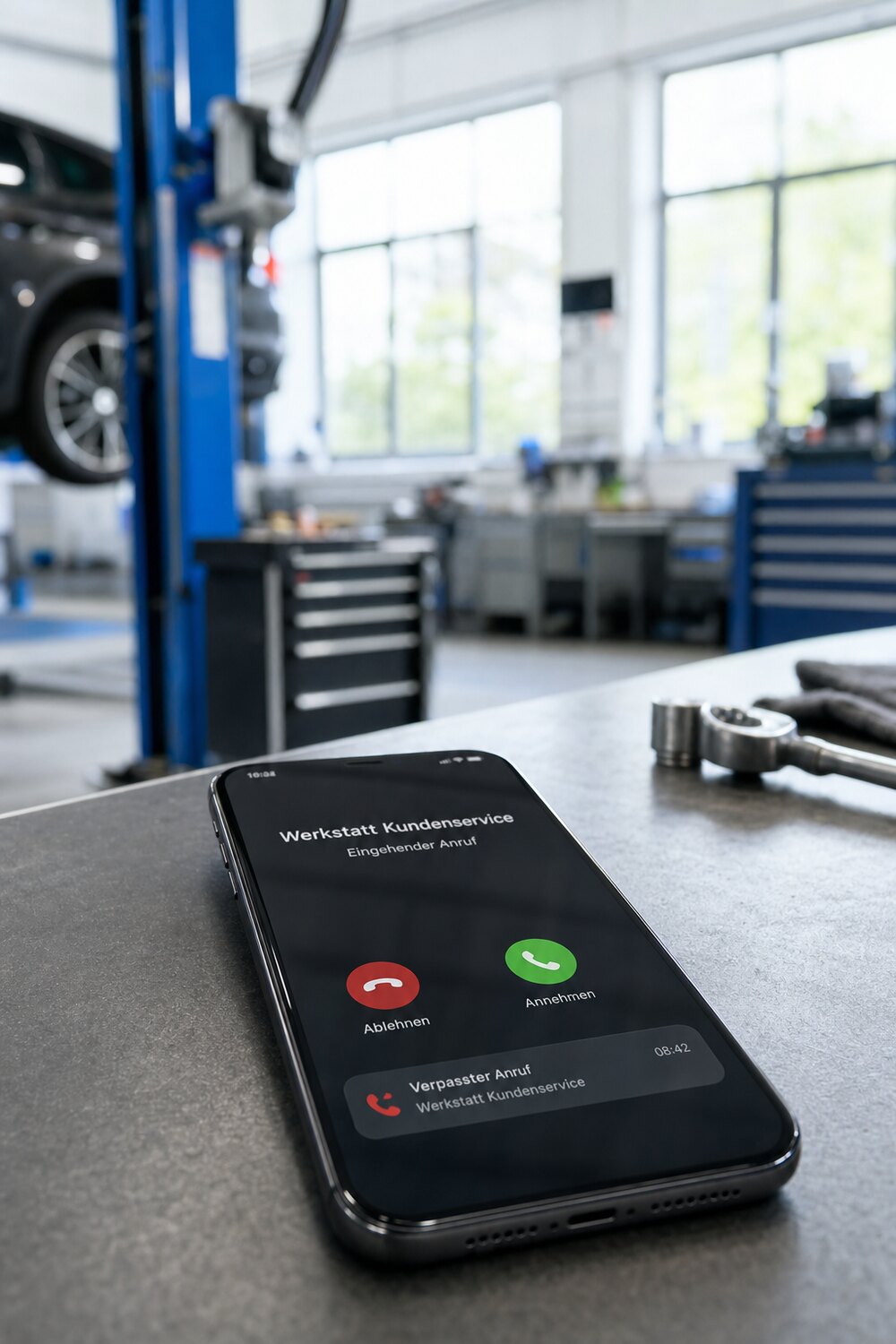 Verpasster Anruf eines Kunden auf einem Handy in der Werkstatt