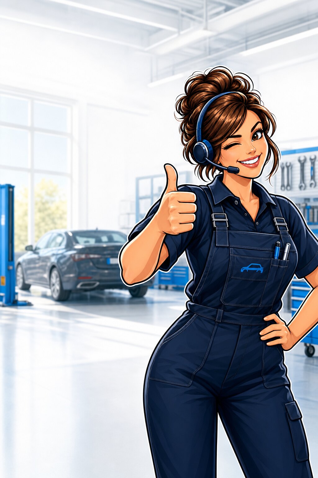 Steffi, die freundliche KI-Telefonassistentin, in einer hellen Kfz-Werkstatt